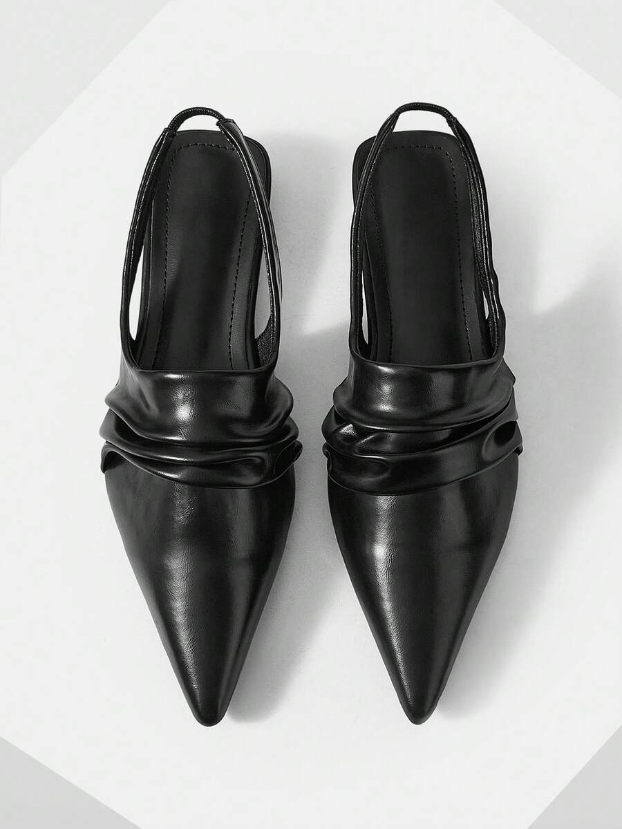 Mnmlis French Pleated Black Pointed Toe Low Slingback Shoes, Retro Rear Strap Versatile Outer Women's Shoes, Spring And Summer Low-Heeled Commuter Women' - Black - View 1