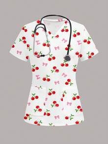 PopScrub Women's Scrub Top, Cherry Bow Print Pattern, Suitable For Work Commute, Pet Hospital - Multicolor - View 6