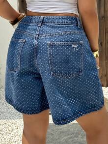 Dazy Plus Celana Pendek Denim Biru Tua dengan Bordir Pita di Saku Belakang, Potongan Lurus, Panjang Selutut, Musim Semi/Panas - Medium Wash - View 8