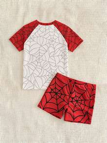 Conjunto de ropa de baño informal para niño pequeño con camiseta de manga corta de cuello redondo y pantalones cortos, adecuado para el verano - Multicolor - Ver 3