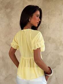 Aloruh Blusa bohemia de unicolor con volantes para mujer - Amarillo - Ver 2