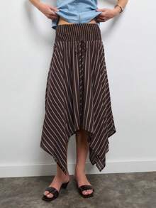 Nöista Stripe Midi Skirt With Smocked Waistband And Asymmetric Hem. Everyday, Brunch, Day-To-Night, Smart & Casual. Fall, Fall Winter Street Style. - Brown - View 3