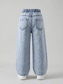 Elladie kids Girls' Denim Jeans All-Season New Style Cute Design Light Blue Denim Color With Pink Bow Embroidery Pattern Loose Straight-Leg Fit Back-To-School - Light Wash - View 3
