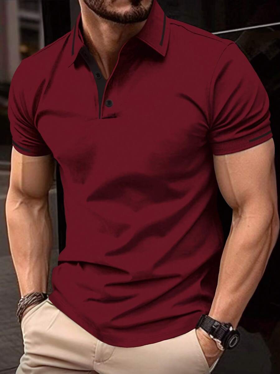 Manfinity Homme 男士拼色 Polo 衫,正式款 - 酒紅色 - 查看 1