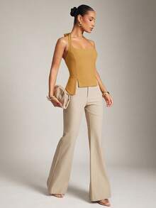 Hauture Top Casual de Escritório Ajustada com Decote Canoa Sexy e Amarração Ajustável nas Costas - Amarelo - Visão 3