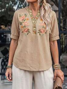 Wildy BOHO Lässig Western Country Nomad Damen Sommer Alltag Basic Outfit Bestickte Kurzarm Bluse für Ausflüge und Pendeln - Aprikosenfarben - Übersicht 7