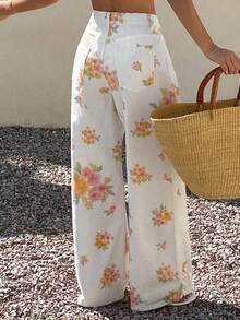 Livesso Summer Autumn White Floral Plant All-Over Print Loose Business Casual Vacation Straight Leg Jeans For Women - White - View 6