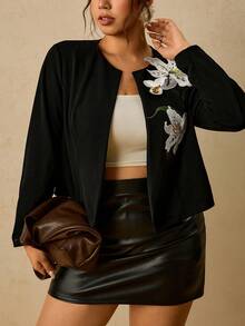Travachic Plus Size Women's Elegant Folk Art Embroidered Pattern Blazer Jacket, Teachers' Day Formal Wedding Guest Black And White - Black - View 7