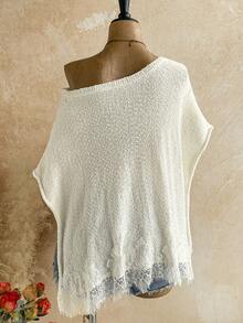 Soleia Women's Lace Patchwork Asymmetrical Shoulder Casual Versatile Daily Knit Top - Apricot - View 2