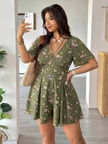 Vionelle Plus Size Floral Print Casual Versatile Romper For Spring And Summer - Olive Green - View 4