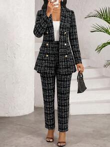 SHEIN Lady 女款優雅通勤西裝外套與長褲套裝 - 黑色 - 查看 5