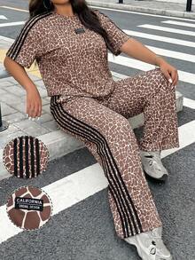 SHEIN EZwear 大尺碼女款全印花拼色上衣與長褲休閒日常兩件套，米色夏季度假騎行裝 - 彩色 - 查看 4