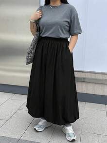 Dazy Plus Elastic Waist Solid Color Casual A-Line Long Tulip Skirt Black Versatile Spring Summer Autumn Skirt Cute Tops - Black - View 3