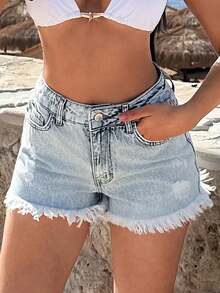 SHEIN Pantaloncini di jeans in cotone 100% a vita bassa con orlo sfrangiato - Lavaggio chiaro - Visualizzare 5