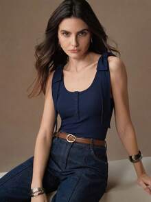 Anewsta Women's New Elegant Bow Tie Design Button Blue Vest Suitable For Spring And Summer Gatherings, Dates, Daily Commute, Navy Blue Top - Navy Blue - View 2