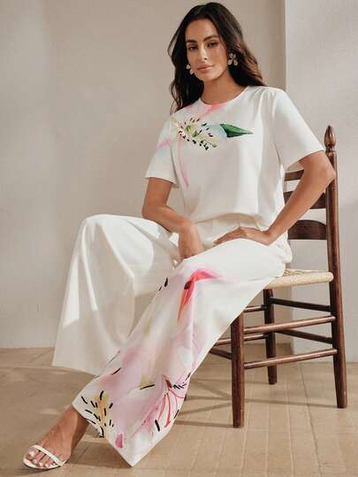 Anewsta Summer New Fashion Floral Print Casual Matching T-Shirt And Pants 2 Pieces Set