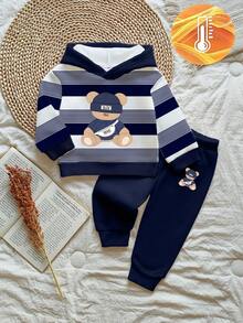 SHEIN 2件組男嬰連帽衛衣套裝 海軍藍白色條紋熊圖案 長袖連帽上衣 可愛開學季 秋冬款 - 彩色 - 查看 4