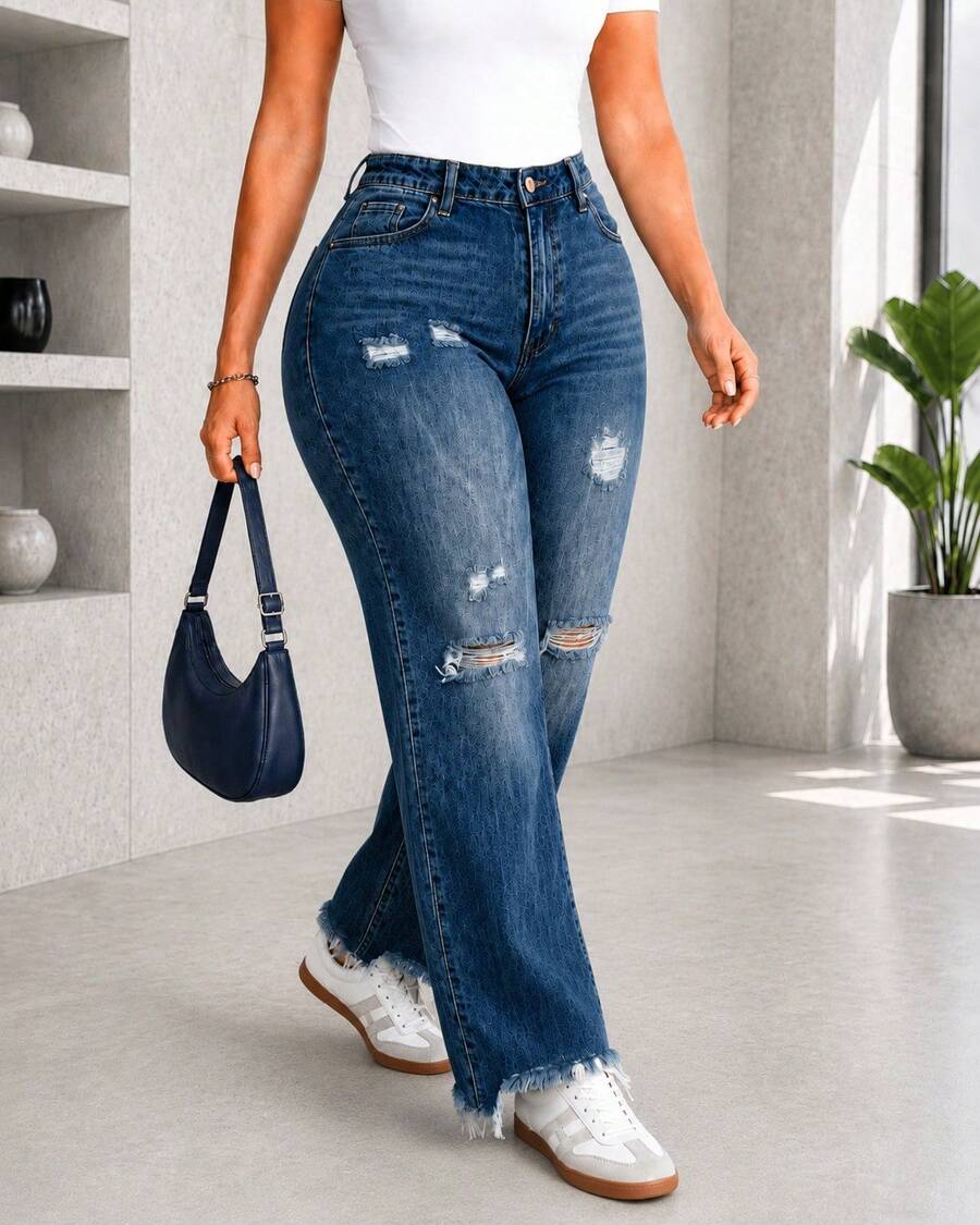 Curvy Jeans Wide Ripped Ripped Worn Skynni Comfortable Versatile Stretch Fresh Light Quality - Azul obscuro - View 1