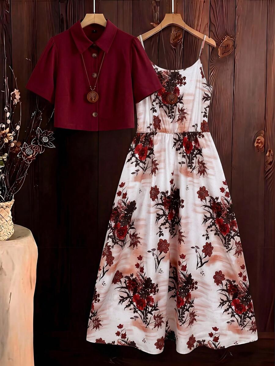 SHEIN Clasi 2件組女款印花洋裝與豹紋襯衫,夏季外出穿搭套裝 - 酒紅色 - 查看 1