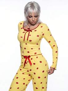 AltBold Strawberry Print Long Sleeve Top & Pants Pajama Set, Fall Winter Clothes - Yellow - View 1