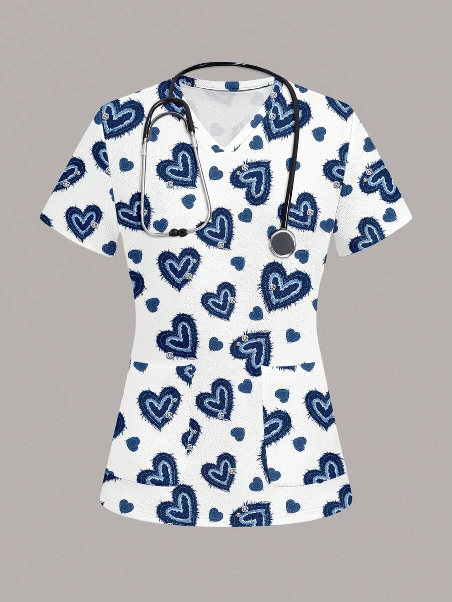 PopScrub Women's Uniform Top, Denim Effect Heart Print Pattern, Suitable For Pet Hospital - Multicolor - View 1