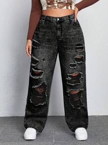 SHEIN ICON Jeans de pierna recta de novio con efecto desgastado para talla grande - Gris Oscuro - Ver 1