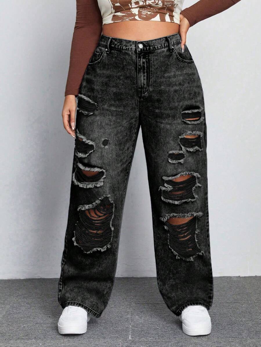 SHEIN ICON Jeans de pierna recta de novio con efecto desgastado para talla grande - Gris Oscuro - Ver 1