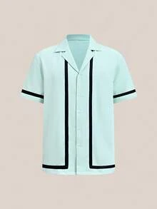 VeloEdit Blue Men's Summer Casual Plaid & Floral Print Shirt Textured Front Button Embroidered Premium Fabric Wardrobe Essentials Outfit Ideas Laid-Back Look - Blue - View 6