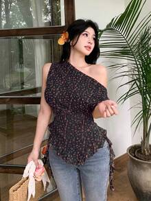 Modelyn 女款黃色碎花不對稱領抓皺百褶極簡性感度假襯衫 - 黑色 - 查看 4