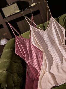 SilkySpell Two-Tone Faux Acetate Hollow Stripe Spaghetti Strap Criss-Cross Back Sexy Nightgown - Multicolor - View 5