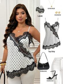 Femmeverse Plus Size Women's Summer Sexy Elegant Vacation Camisole Lace Patchwork Design All White Top Date Night Brunch Evening Party - Black and White - View 1
