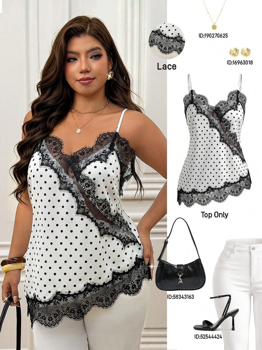 Femmeverse Plus Size Women's Summer Sexy Elegant Vacation Camisole Lace Patchwork Design All White Top Date Night Brunch Evening Party - Black and White - View 1