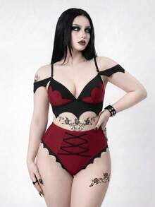ROMWE Goth 大尺碼女款夏季海灘拼接色性感比基尼三角褲兩件式泳衣套裝 - 彩色 - 查看 4