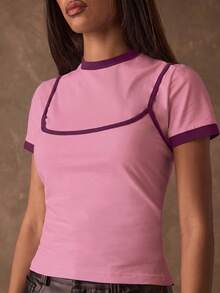 SHEIN BAE 女款拼色修身百搭休閒細肩帶背心上衣 - 淺粉色 - 查看 4