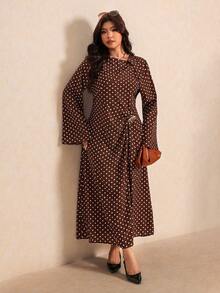 Elaquor Plus Size Women's Polka Dot Casual Daily Summer Dress - Brown - View 7