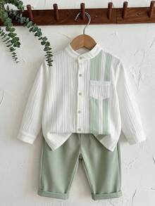 SHEIN 2pcs/Set Setelan Anak Laki-laki: Kardigan Lengan Pendek dan Celana Pendek Motif Garis-garis Blok Warna dengan Dekorasi Saku dan Kerah, Musim Panas, Seragam Keluarga, Pakaian Sehari-hari, Pesta Liburan - MultiWarna - View 4