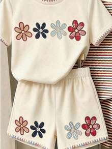 (Patrón Aleatorio, 1 Set Aleatorio) Conjunto de Camiseta Corta Básica y Pantalones Cortos con Estampado de Rayas Coloridas, Flores y Limones Minimalista de Moda para Niñas, Atuendo Diario de Verano - Multicolor - Ver 4