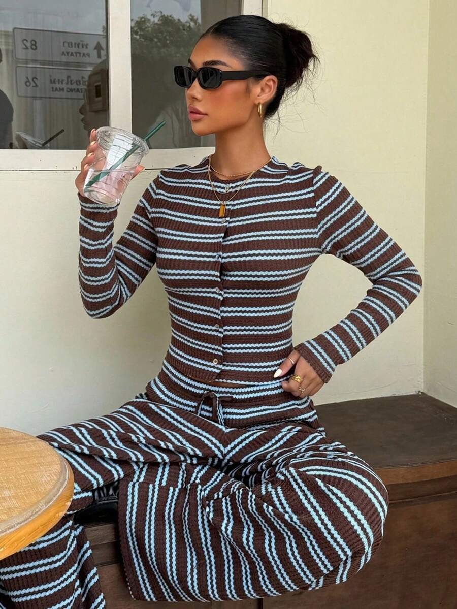 Muchica 2PCS Concert Outfit: Brown Striped Long-Sleeve Button-Front Cardigan And Trouser Set-A Stylish Look For A Casual Summer City Outing - Multicolor - View 1