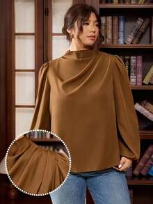 Vionelle Plus Size Women's Autumn/Winter New Ruched Elegant Commute Long Sleeve Loose Blouse Fall - Coffee Brown - View 5
