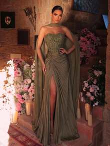 Glamrae Elegant Luxury Olive Green Beaded Lace Satin Patchwork Strapless Sheer Skirt Pleated Mermaid Fishtail High Slit Train Formal Evening Gown For Date - Olive Green - View 5