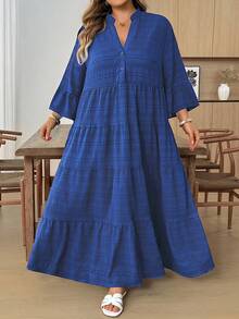 SHEIN CURVE+ Abito da donna taglie forti con stampa floreale, maniche a campana e orlo con volant, abito da spiaggia per vacanze, abiti estivi da donna, abito maxi verde e bianco, abito maxi floreale verde, abito maxi a balze, abiti autunnali da donna, abiti per la scuola, abiti country da donna, abiti da insegnante per donne, abiti country da donna, abiti autunnali da donna, outfit autunnali da donna, abiti da donna casual - Blu Navy - Visualizzare 7