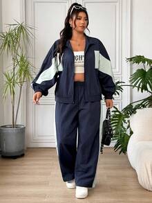 SHEIN EZwear 大尺碼女款拼色長袖拉鍊外套與鬆緊腰長褲兩件套 秋季 - 彩色 - 查看 6