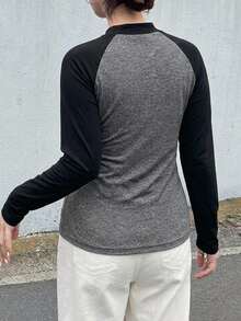 Dazy Plus Colorblock Patchwork Fitted Street Casual Short Long Sleeve Spring Autumn T-Shirt - Grey - View 5