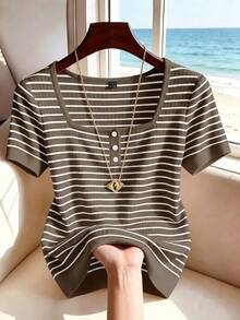 SHEIN Franclia Women's Brown Striped Square Neck Short Sleeve T-Shirt, Beach Vacation Cute Coastal Chic Elegant, Suitable For Spring/Summer, Winter, National Day - Brown - View 4