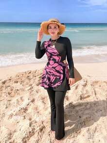 Swim Shayni 女款拼色長袖上衣與喇叭褲布基尼兩件式泳衣套裝，適合夏季度假海灘 - 黑色 - 查看 5