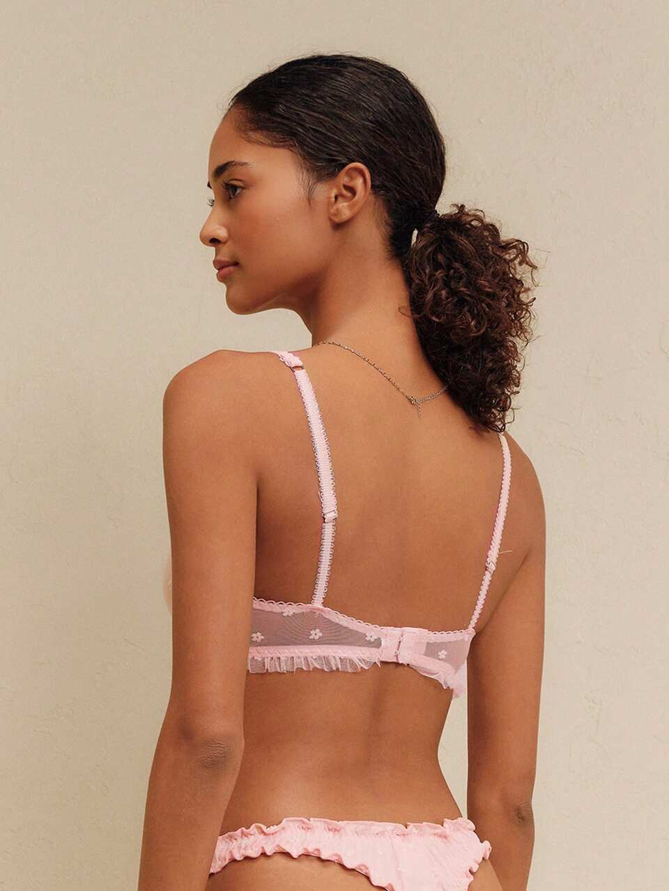 Pink Floral Embroidered Mesh Lingerie Set With Underwired Bra And Matching Ruffled Thong Romantic Cute