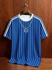Aesthetic Post Retro American Blue White Stripe Summer T-Shirt For Men's Women's,Casual Loose Round Neck Sports Jersey Style Top,Graduation Back-To-School Graphic - Multicolor - View 1