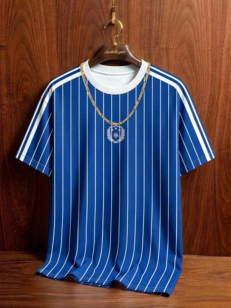 Aesthetic Post Retro American Blue White Stripe Summer T-Shirt For Men's Women's,Casual Loose Round Neck Sports Jersey Style Top,Graduation Back-To-School Graphic - Multicolor - View 1