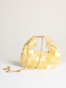 MUSERA Ladies, Women Imitation Round Seashell Pieces Top Handle Bags, Handmade Bag, Fashionable, Elegant, Simple, Personalized, Versatile, For Beach, Vacation, Holiday, Summer, Seaside, Beach Party - Butter Yellow - View 4