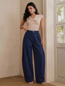 Anewsta Essential Summer Navy Blue Washed Wide Leg Pants, Fashionable Minimalist Casual Commuter Loose Slimming Curved Leg Jeans For Women, Everyday - Navy Blue - View 5